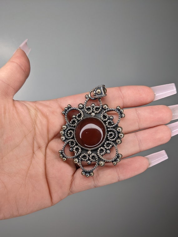 Sterling Silver Carnelian Red Beadwork Pendant - image 4