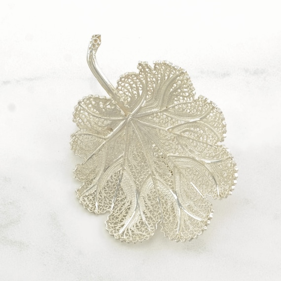 Vintage Silver Brooch Leaf, Filigree Sterling - image 1