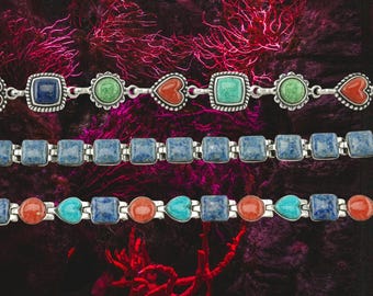 Choice of Vintage Carolyn Pollack Sterling Silver Link Bracelet Multi Stone Inlay