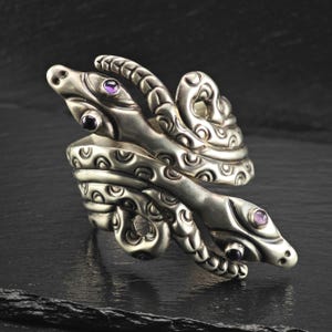 Può includere: Un anello in argento a forma di serpente avvolto a due teste. La superficie metallica presenta intricati motivi a scaglie in rilievo. Ogni testa di serpente è incastonata con due piccole pietre preziose di ametista viola come occhi.