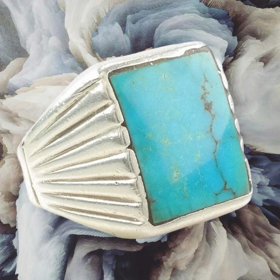 Sterling Silver Ring: Rectangular Blue Turquoise,… - image 1