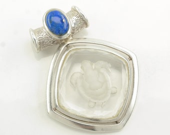 Vintage Lapis Lazuli Sea Turtle, Intaglio Sterling Silver Pendant