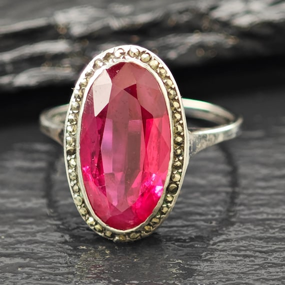 Art Deco Style Lab Ruby Ring Sterling Silver Sz 7 - image 1