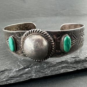 Fred Harvey Era Sterling Silver Cuff Bracelet Green Turquoise