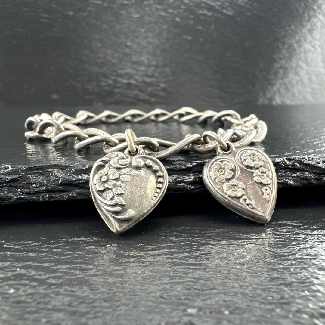 Victorian Sterling Silver Link Bracelet With Heart Charms, Circa