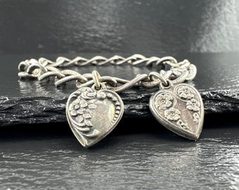 Victorian Sterling Silver Link Bracelet With Heart Charms, Circa