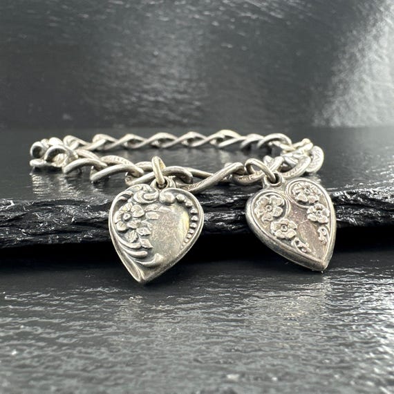 Victorian Sterling Silver Link Bracelet With Heart Charms, Circa