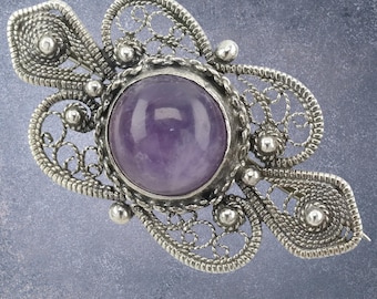 Broche Vintage Argentée Avec Cristaux Améthyste - Bijou Ancien Fleur - Très Bon état