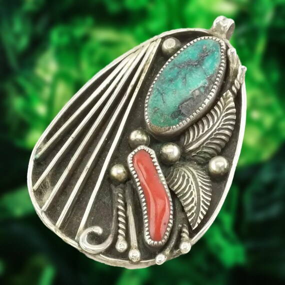 Native American Turquoise reCoral Leaf Sterling Silver Pendant