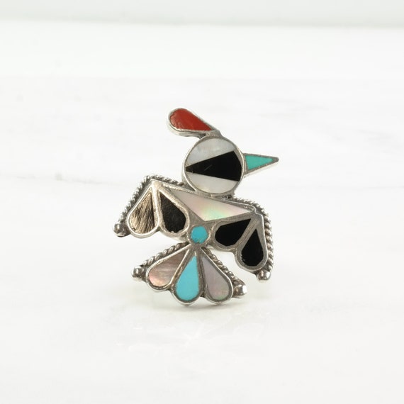 Vintage Zuni Silver Ring MOP Turquoise Onyx Coral… - image 1
