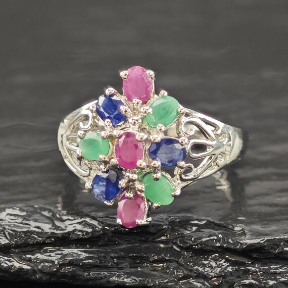 Sapphire Ruby Emerald Ring Sterling Silver Sz 6 3… - image 3