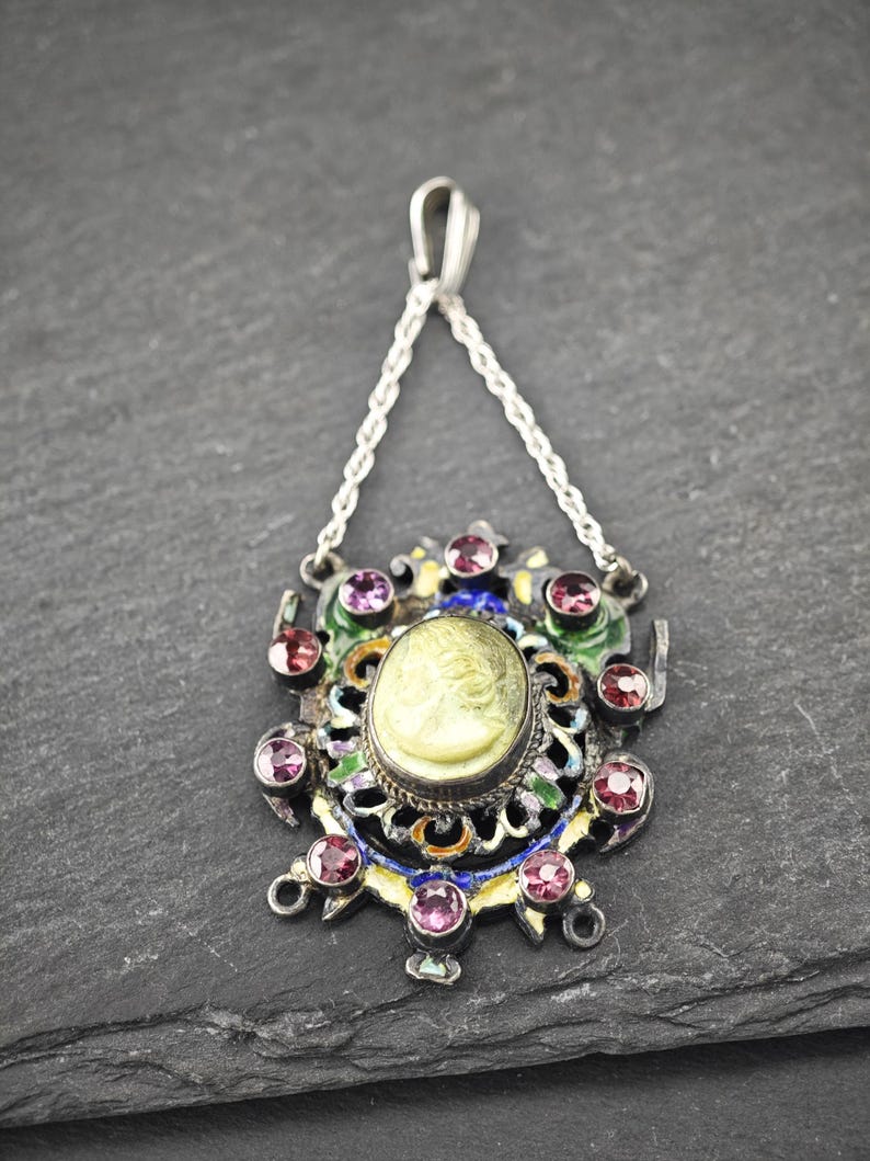 Vintage emaljpyropgranat lavasten cameo sterlingsilver flerfärgat hänge bild 4