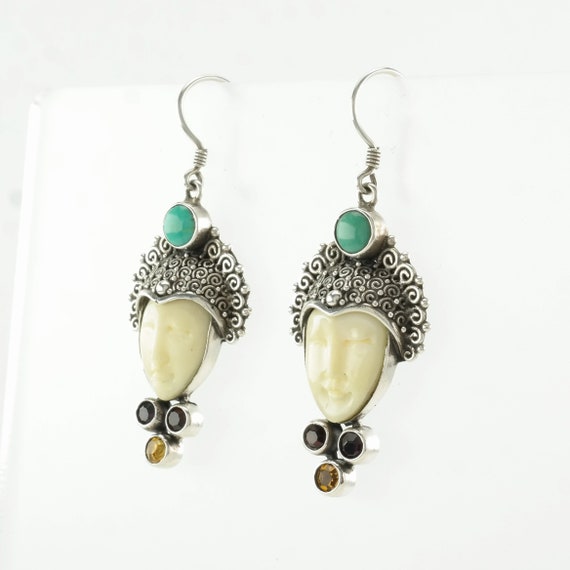 Sterling Silver Multi Stone, Carved Face Earrings… - image 1
