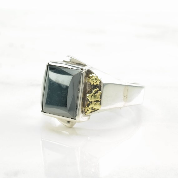 Vintage Sterling Silver Ring Hematite Gold Nugget… - image 1