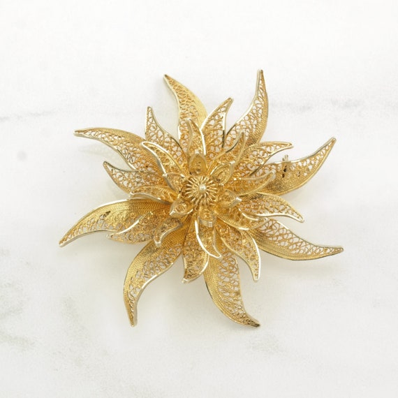 Silver Brooch Gold Tone Flower, Filigree Sterling - image 4