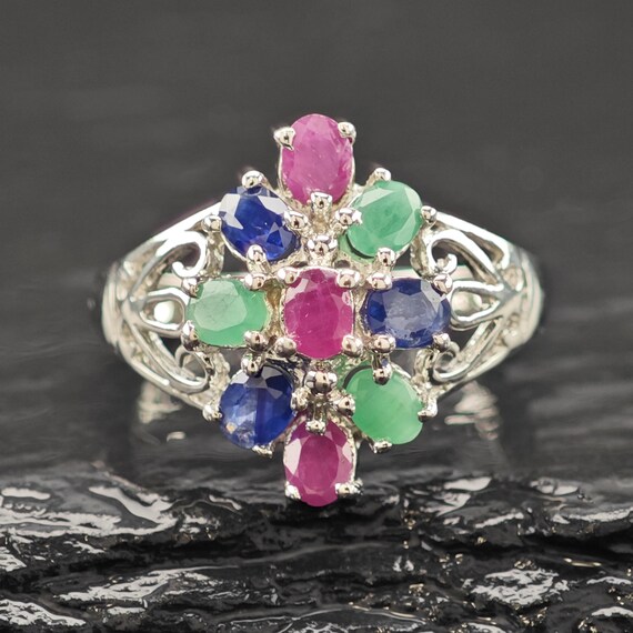 Sapphire Ruby Emerald Ring Sterling Silver Sz 6 3… - image 4