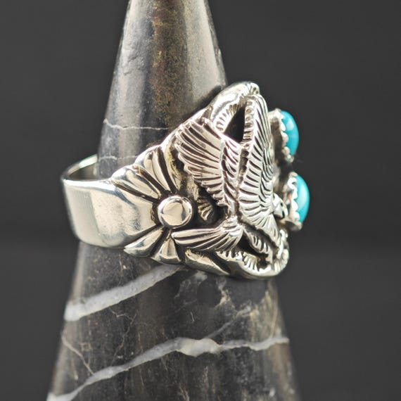 Native American Eagle Block Turquoise Ring Sterli… - image 4