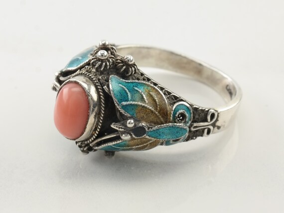 Vintage Chinese Export Silver Ring Coral Enamel B… - image 5