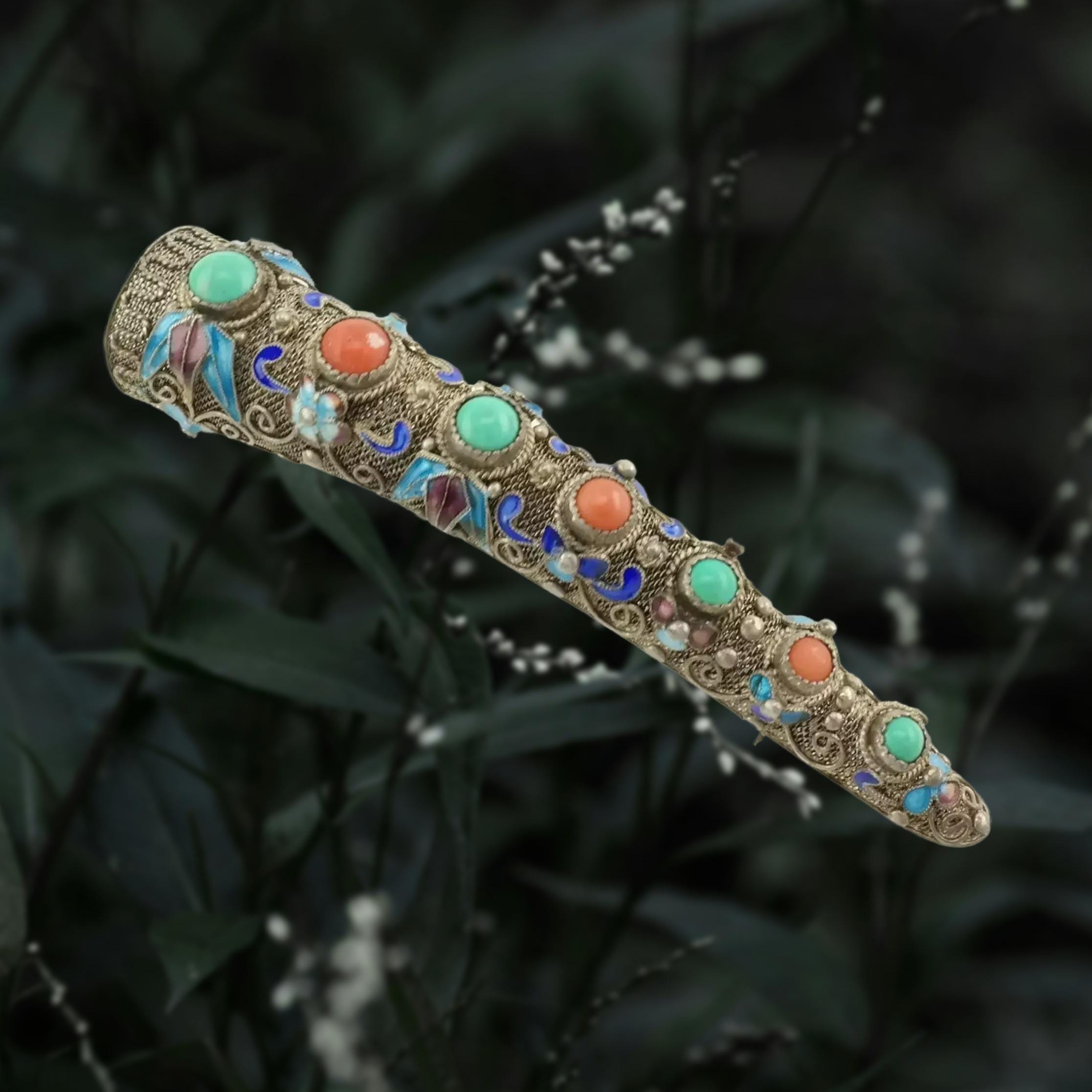 Belle Broche Ancienne En Vermeil Avec émail, Corail Et Turquoise – Style Vintage – Pièce Unique