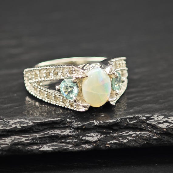 Opal Silver Statement Ring with Blue Gems (Size 7) - image 7