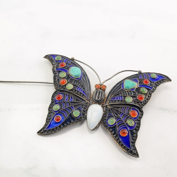 Vintage Silver Brooch Butterfly  Enamel Turquoise… - image 3