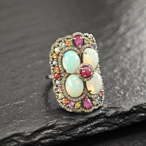 Oxidized Sterling Silver Ring with Ruby, Opal, Di… - image 6