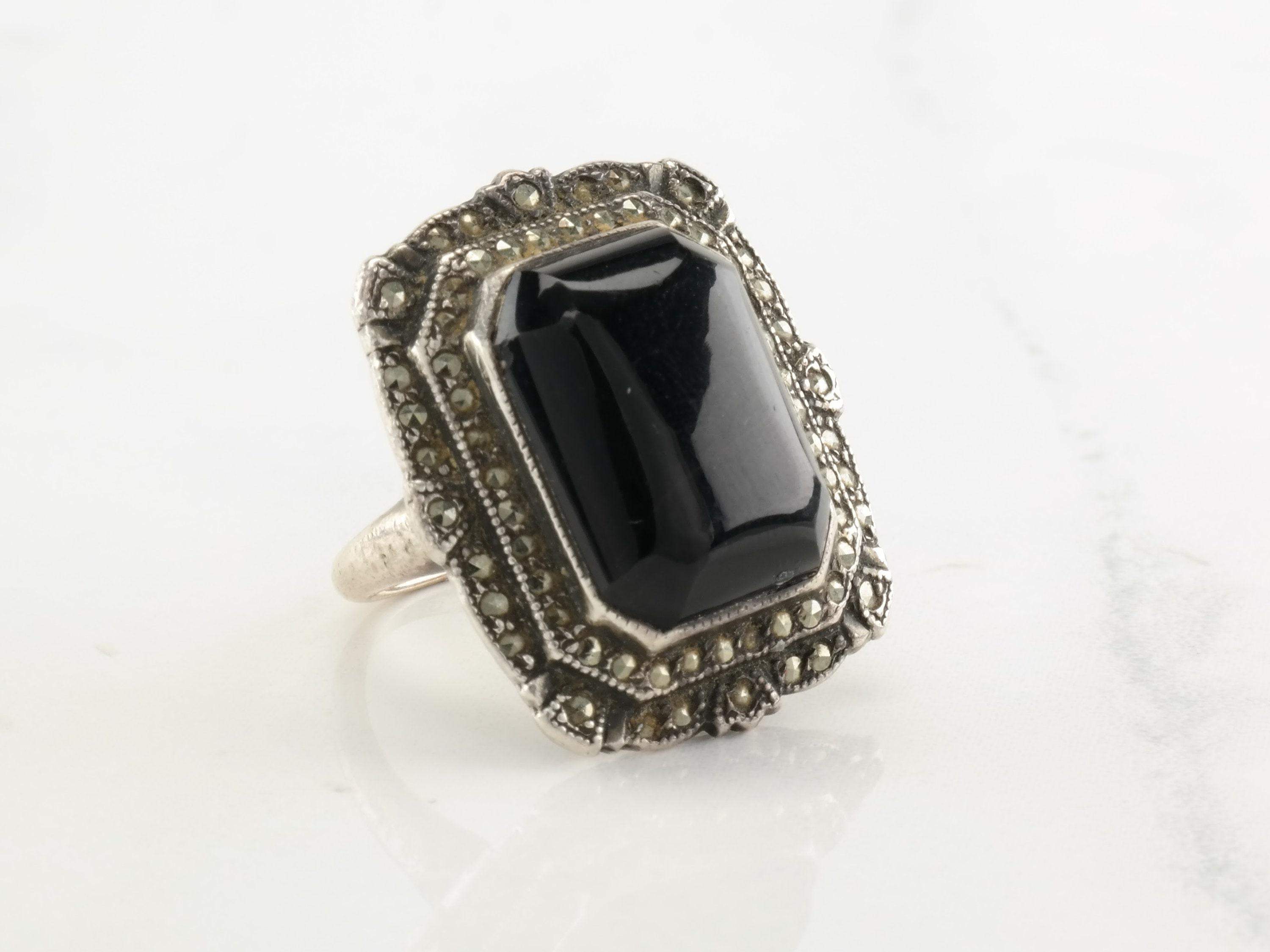 Bague Argent 925 Style Art Déco - Onyx Et Marcassites - Taille 50 - Panier 24x18 Mm