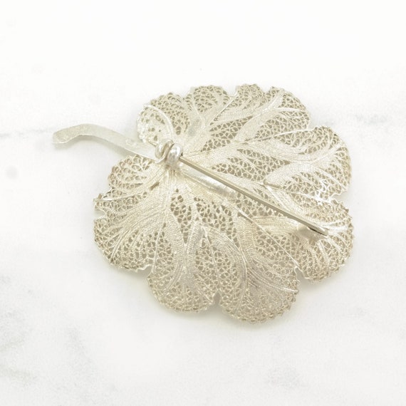 Vintage Silver Brooch Leaf, Filigree Sterling - image 3