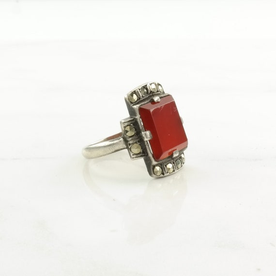 Vintage Art Deco Silver Ring Carnelian Marcasite … - image 3