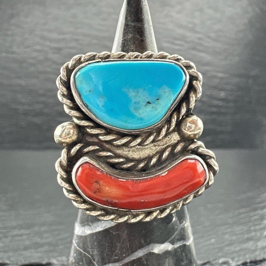 Vintage Coral Turquoise Silver Ring, Native American Southwestern Ring SZ 6
