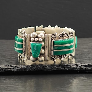AS IS Vintage Mexican Green Onyx Link Bracelet Sterling Silver