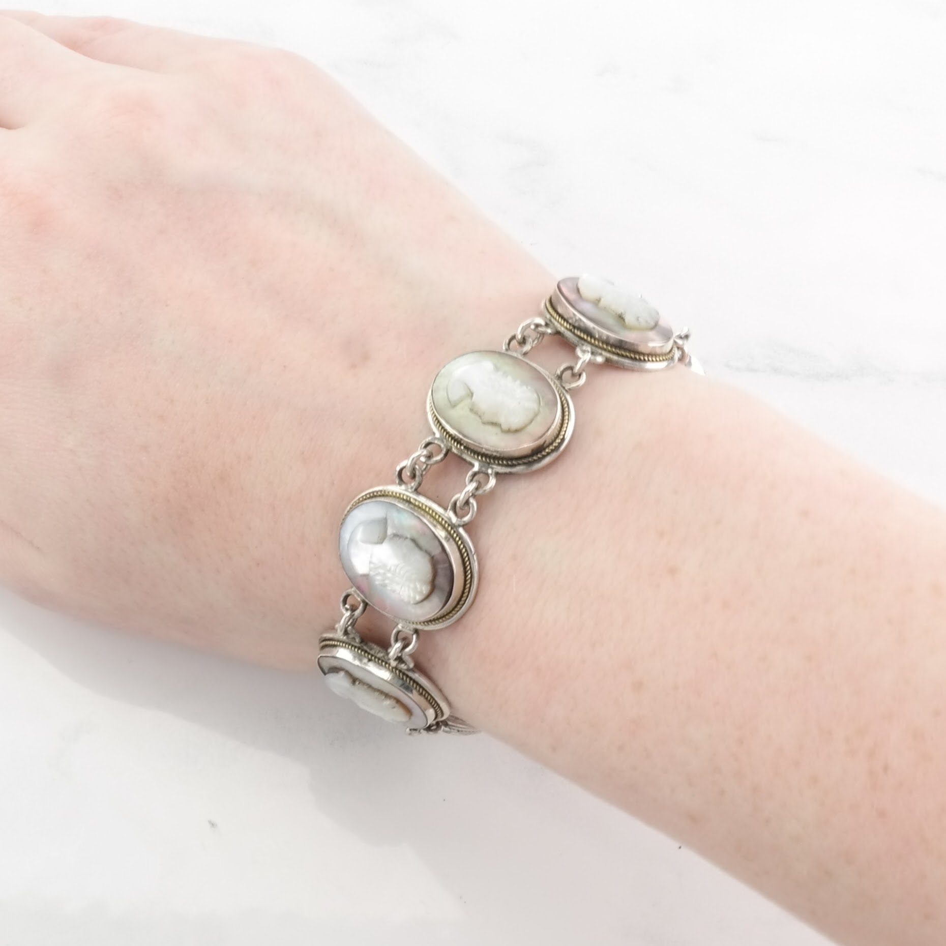 Vintage Cameo Bracelet 800 Sterling Silver Link Abalone