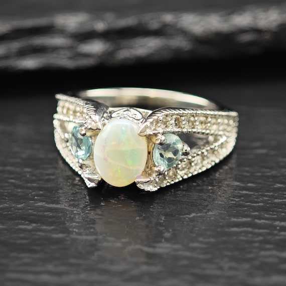 Opal Silver Statement Ring with Blue Gems (Size 7) - image 4