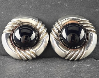 Modernist Sterling Silver Black Onyx Earrings Clip On