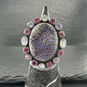 Vintage Nicky Butler Ring Druzy, Amethyst, Mondstein, Granat Sterling Silber Größe 7 3/4