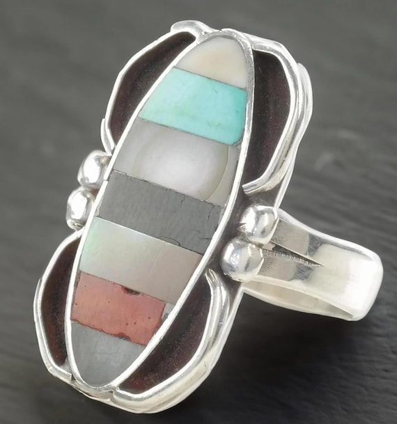 Native American MOP Multi Gem Inlay Sterling Silv… - image 1