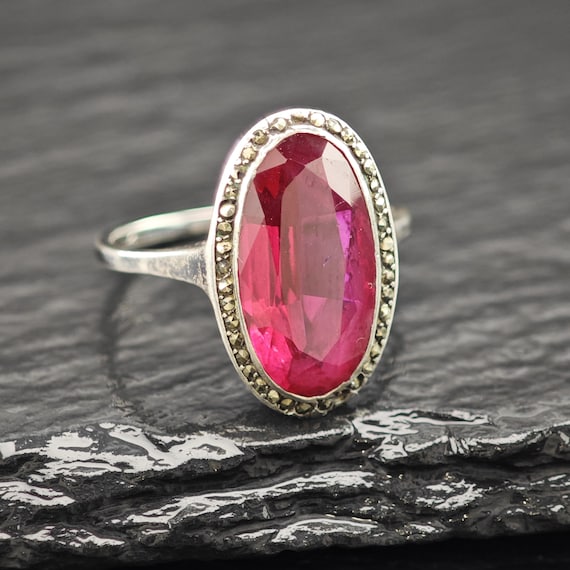 Art Deco Style Lab Ruby Ring Sterling Silver Sz 7 - image 6