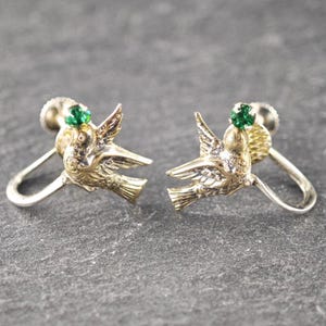 Vintage Sterling Silver Green Rhinestone Bird Earrings Screw Back