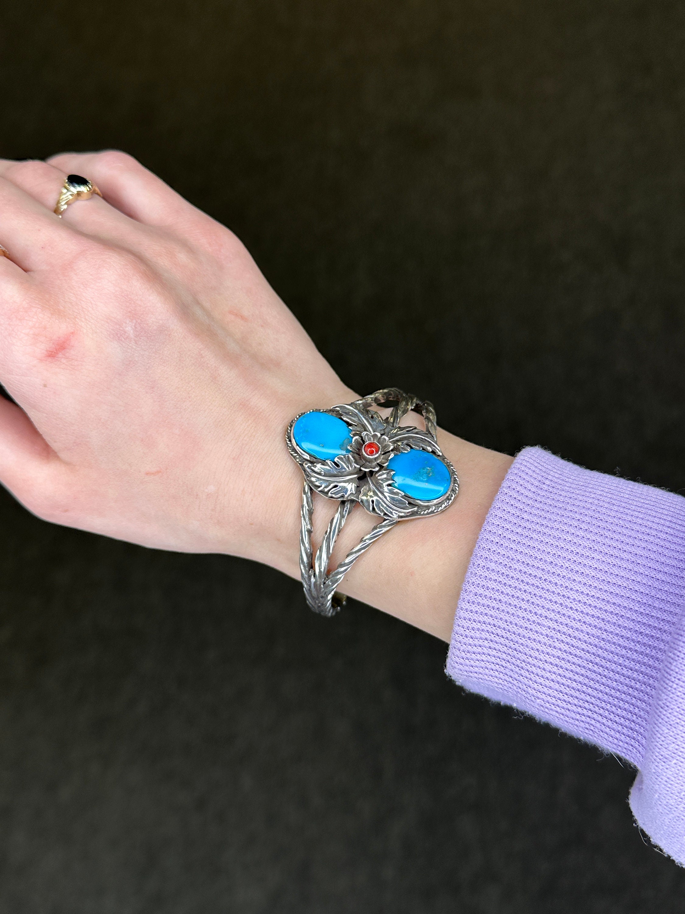 ターコイズコーラルカフブレスレット スターリングシルバー - Etsy 日本