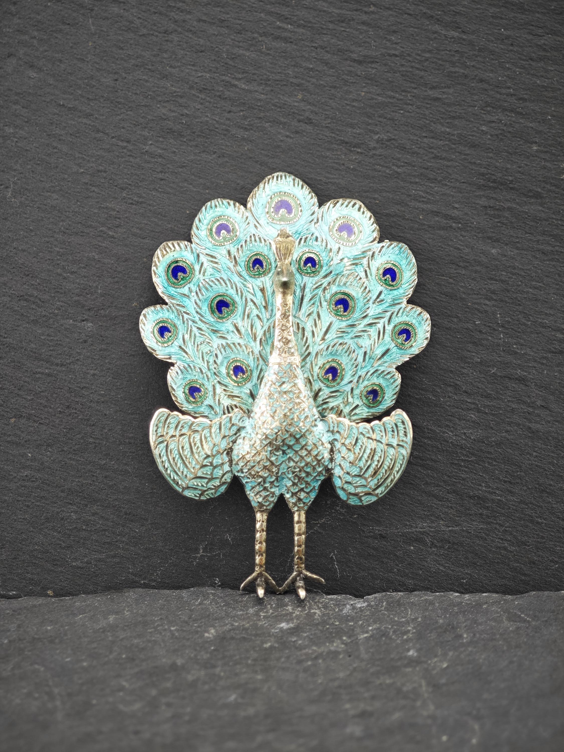 Vintage Siam, Enamel, Peacock Sterling Silver Brooch - Etsy Finland