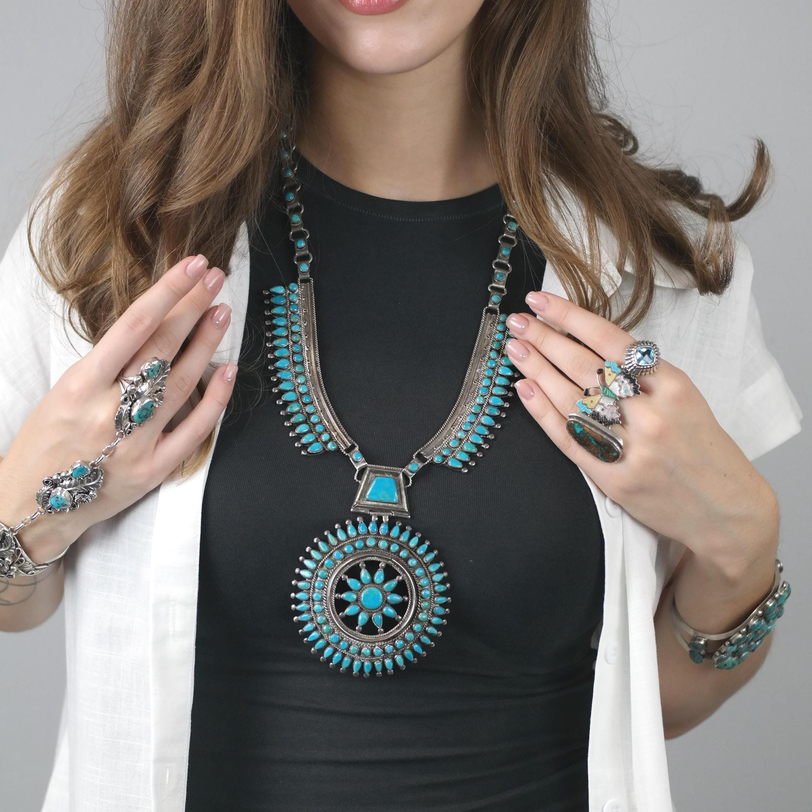 VMB Vintage Blue Turquoise Cluster Necklace in Sterling Silver - Etsy