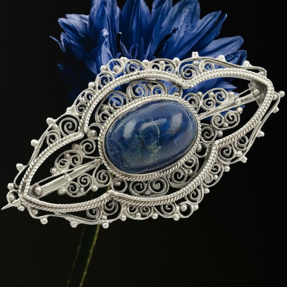 Italian Sterling Silver Brooch Filigree Lapis Lazuli