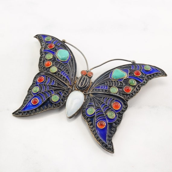Vintage Silver Brooch Butterfly  Enamel Turquoise… - image 1