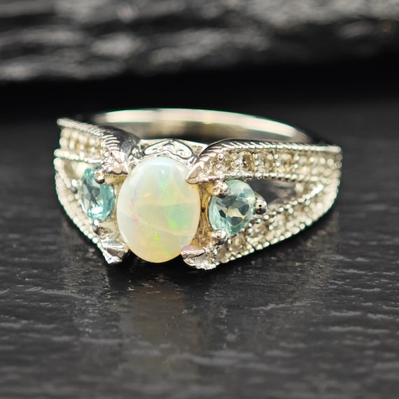 Opal Silver Statement Ring with Blue Gems (Size 7) - image 1
