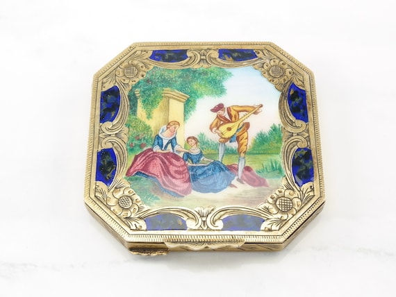 Vintage Enamel Scene Floral Ladies' Makeup Sterli… - image 1