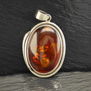 Vintage Oval Amber Pendant Sterling Silver