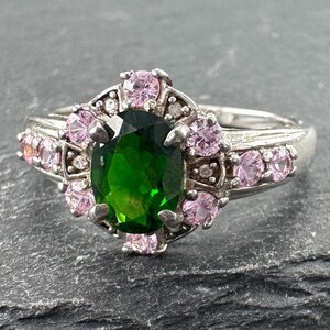 Vintage Sterling Silver Ring Green Chrome Diopside White Topaz Size 10