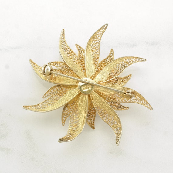 Silver Brooch Gold Tone Flower, Filigree Sterling - image 3