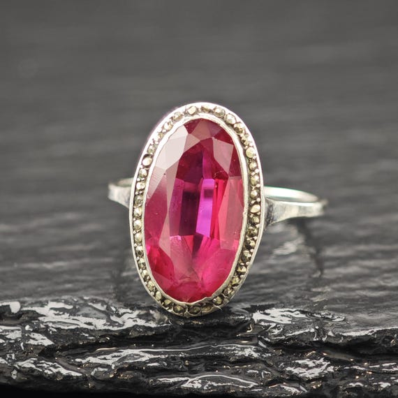 Art Deco Style Lab Ruby Ring Sterling Silver Sz 7 - image 5
