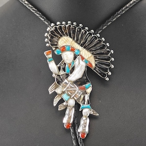 Vintage Southwest Sterling Silver Inlay Drum Dancer, Kachina Bolo Tie Necklace